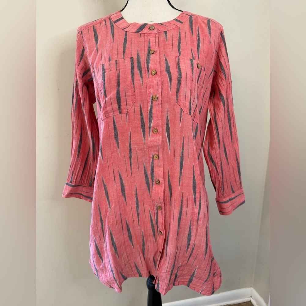 Pinkish Red Striped Linen Button-Front Top